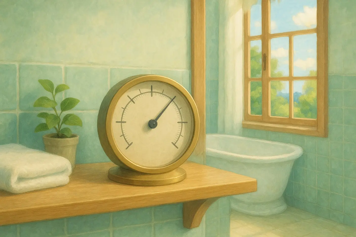 A clean bright bathroom with an open window and a small hygrometer on a wooden shelf.