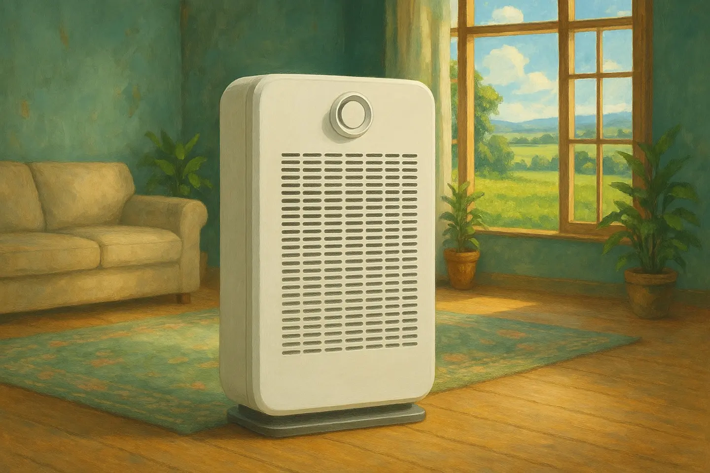 A white tower air purifier standing in a sunny living room, with a sofa, plants and an open window behind it.