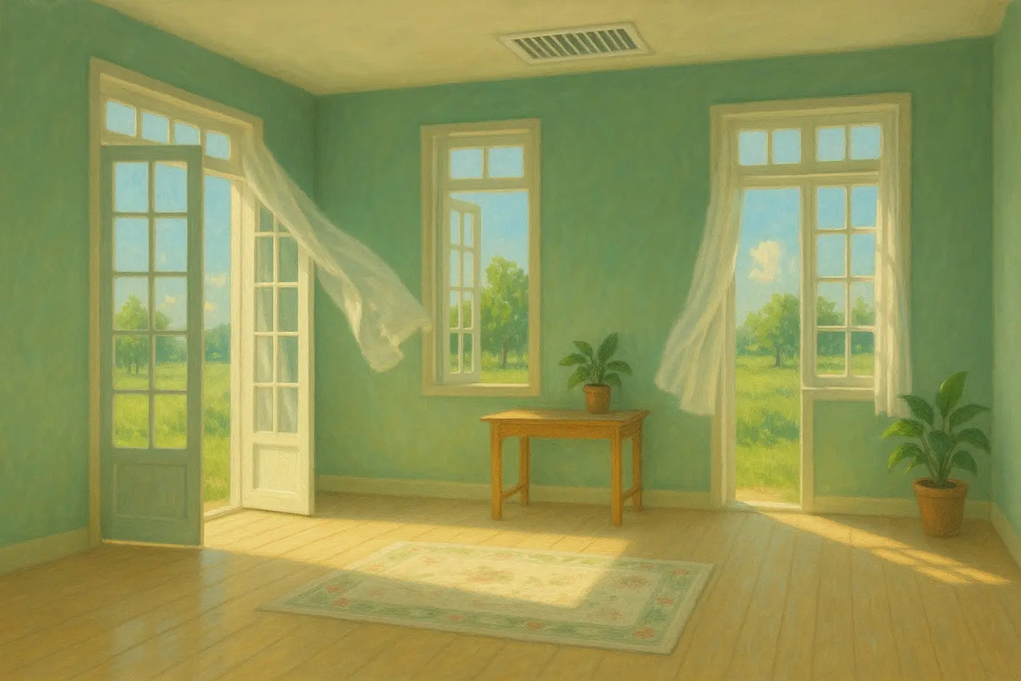 An airy newly built home with a ceiling vent, open doors and windows, and fresh air moving the curtains.