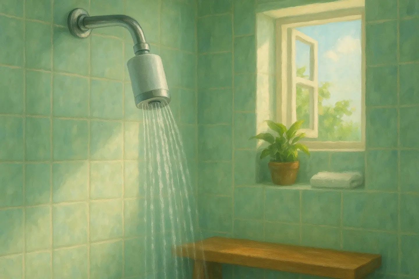 A bright tiled shower with a water filter fitted between the pipe and the shower head, and daylight from a small open window.