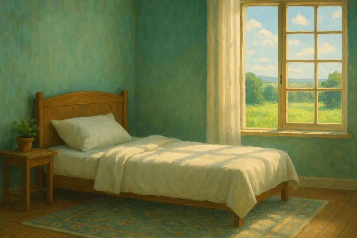 A calm bedroom with a wooden bed, white bedding and a small nightstand holding a plant, beside a sunny open window.