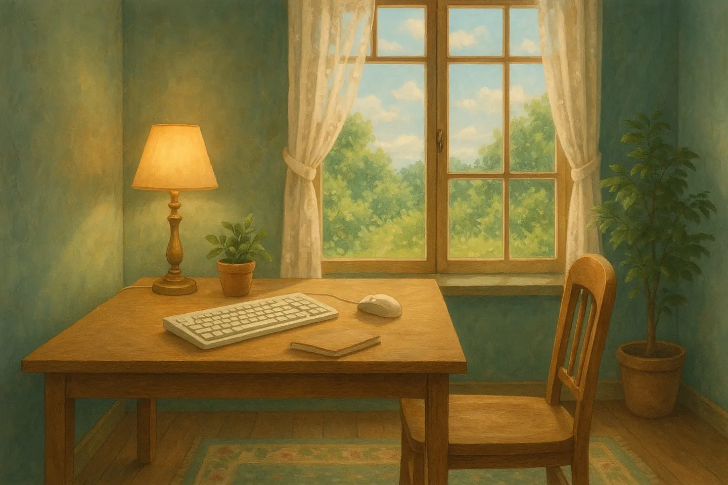 A home office desk by a sunny window with a wired keyboard, a wired mouse and a lit desk lamp.