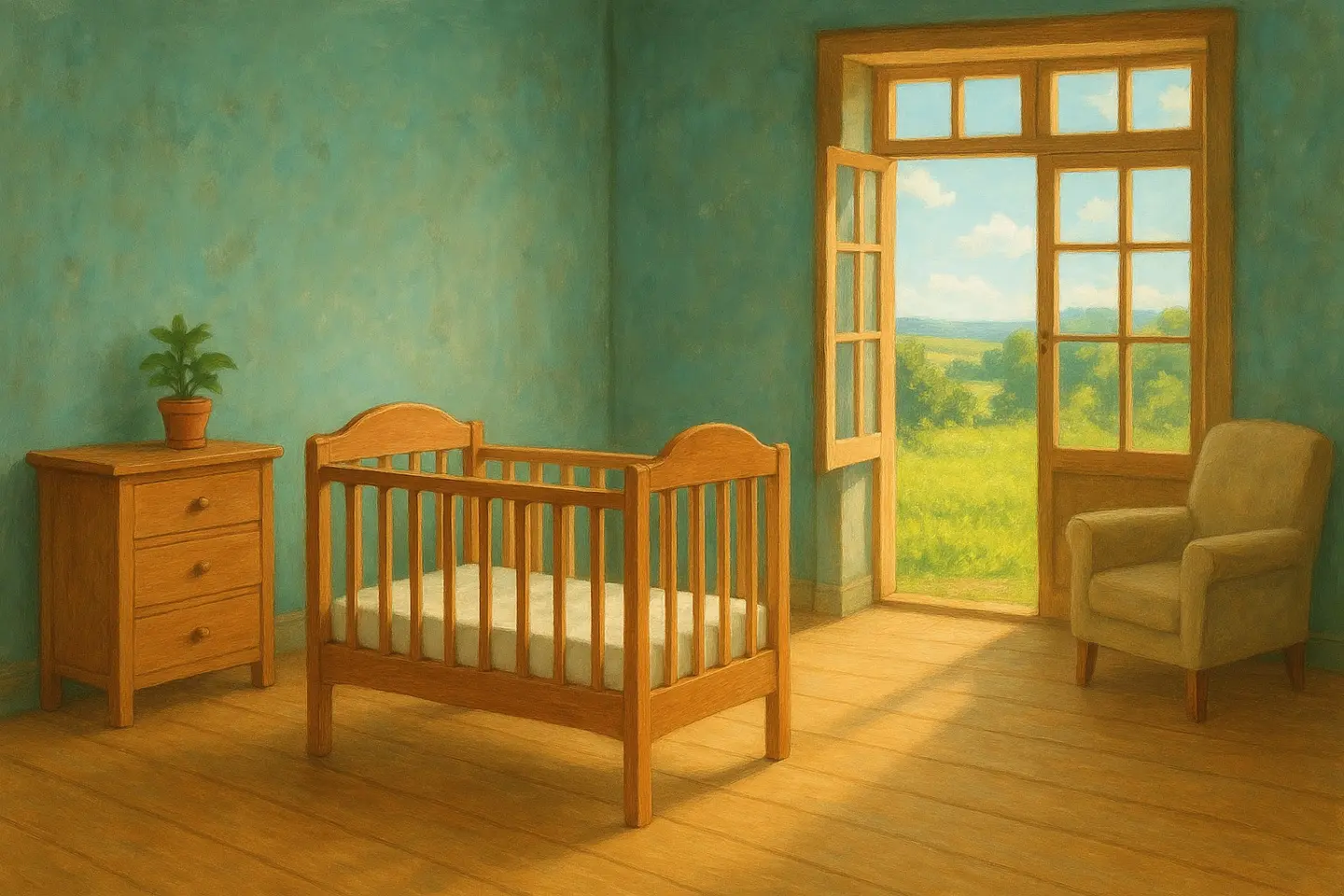 A calm nursery with a wooden crib standing away from the walls, a bare flat mattress and sunlight through an open door.