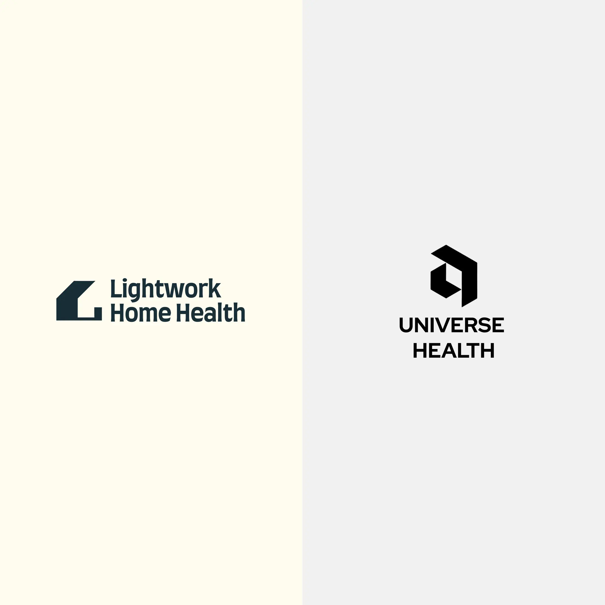 Lightwork Home Health and Universe Health logos side by side on split cream and gray backgrounds