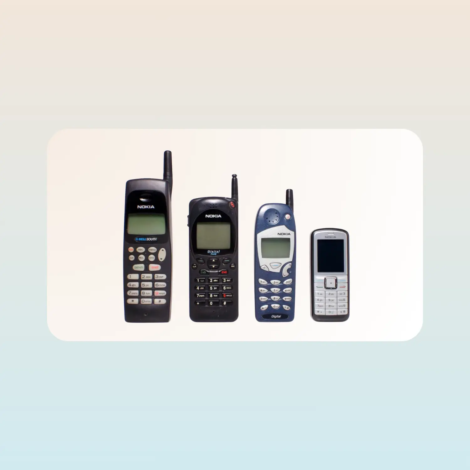 Four early Nokia mobile phones with external antennas and keypads, decreasing in size from left to right