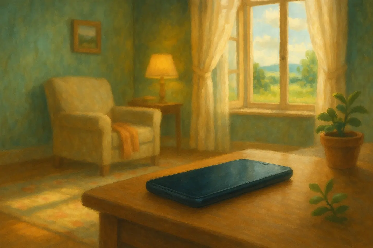 A phone lying face down on a wooden table, with a reading chair on the far side of the room beside a sunny window.