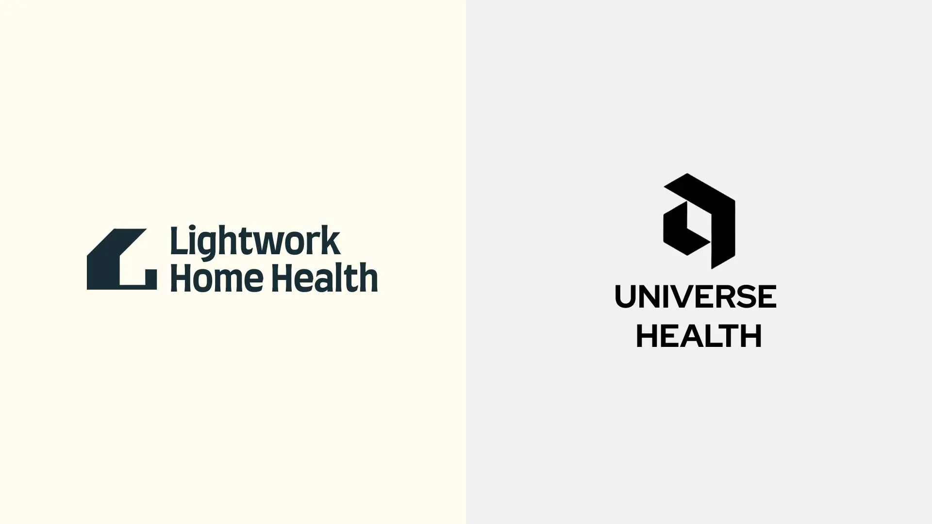 Lightwork Home Health and Universe Health logos side by side on split cream and gray backgrounds