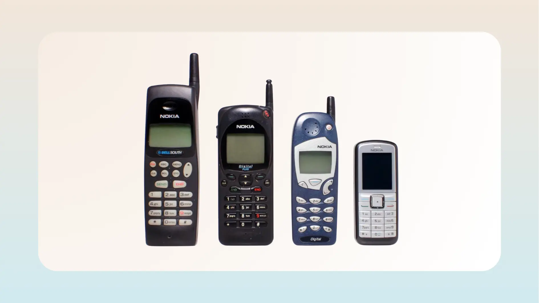 Four early Nokia mobile phones with external antennas and keypads, decreasing in size from left to right