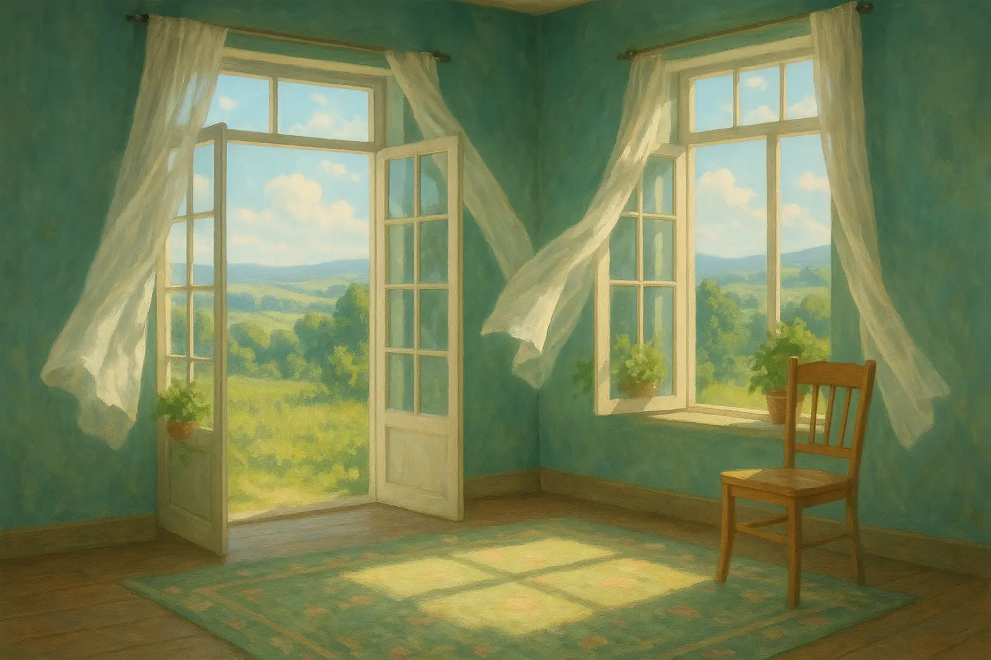A bright room with windows open on two sides and sheer curtains lifting in a breeze.