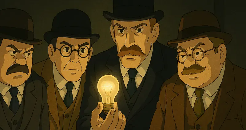 Illustration of four stern 1920s businessmen in bowler hats inspecting a glowing light bulb, evoking the Phoebus Cartel