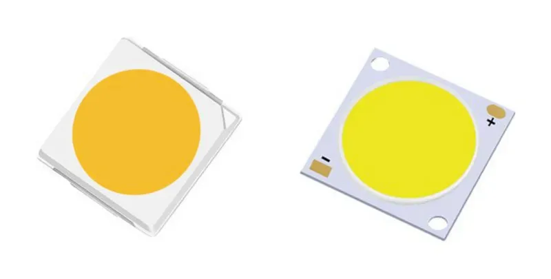 Two LED chip packages side by side, each with a round orange-yellow phosphor coating over the diode
