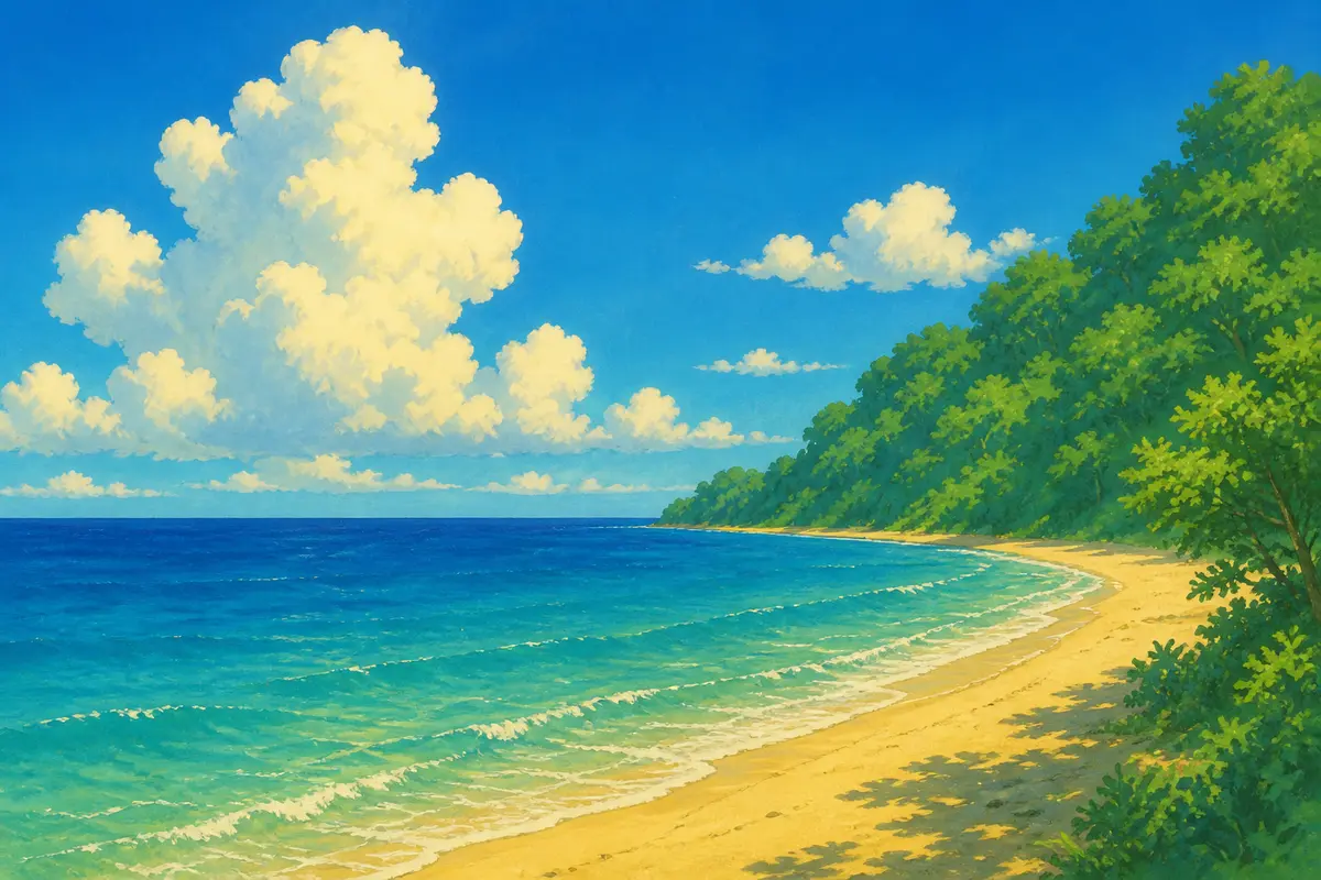 Illustration of a sunny beach with blue sky, white clouds, calm ocean, and a green hillside