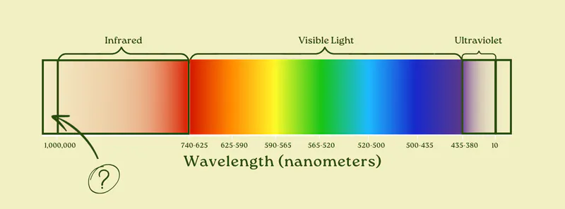 Spectrum showing infrared, visible light, and ultraviolet, with a question-mark box beyond infrared past 1,000,000 nanometers
