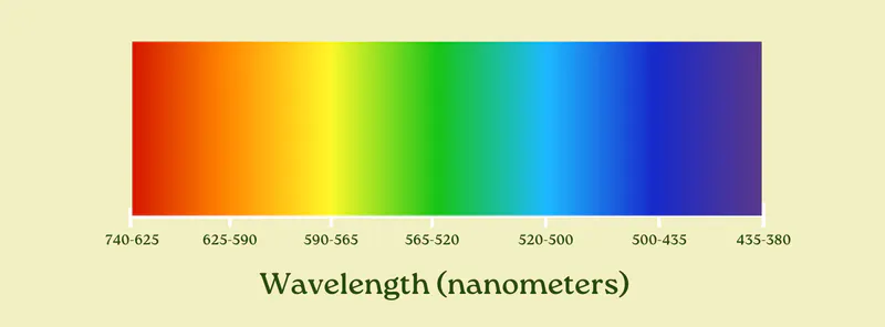 Visible light spectrum from red to violet, labeled with wavelengths from 740-625 down to 435-380 nanometers