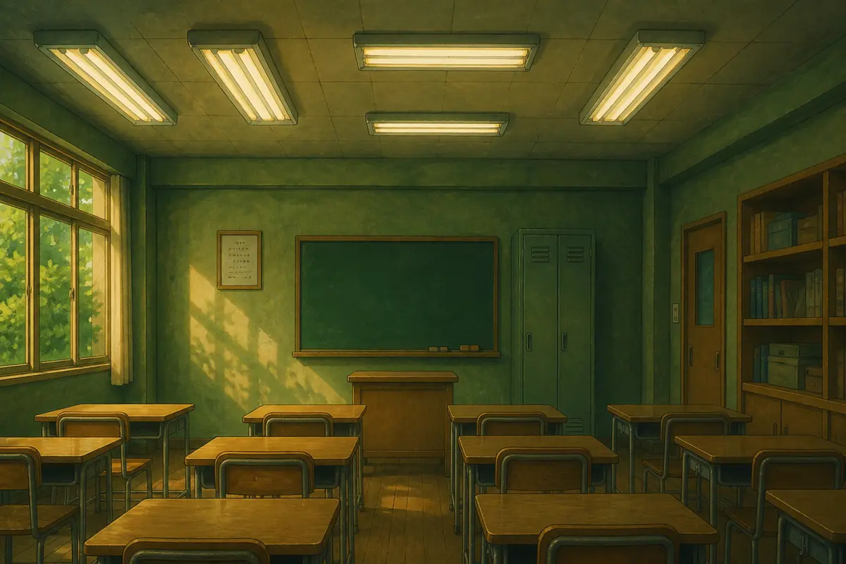 Illustration of a classroom lit by fluorescent ceiling tube fixtures casting a dim greenish light